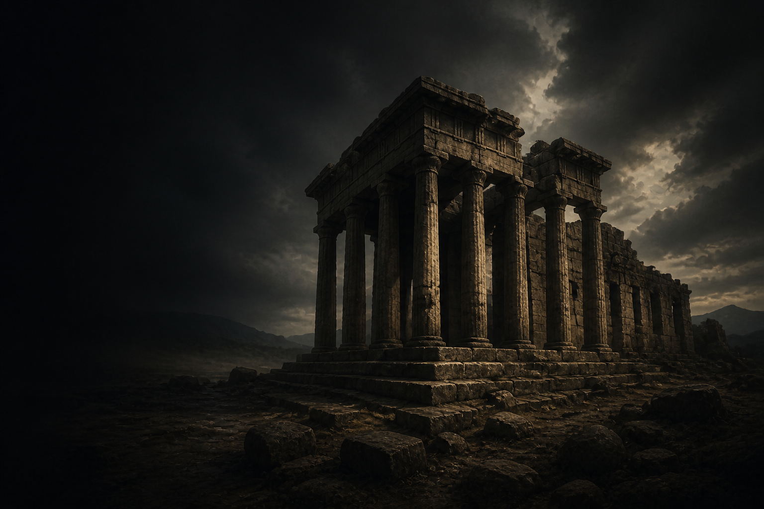 Ancient Greek temple ruins beneath a dramatic sky