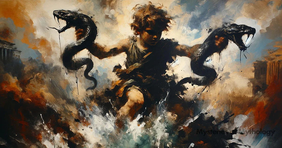 Oil Painting of Heracles as a small child holding up two snakes