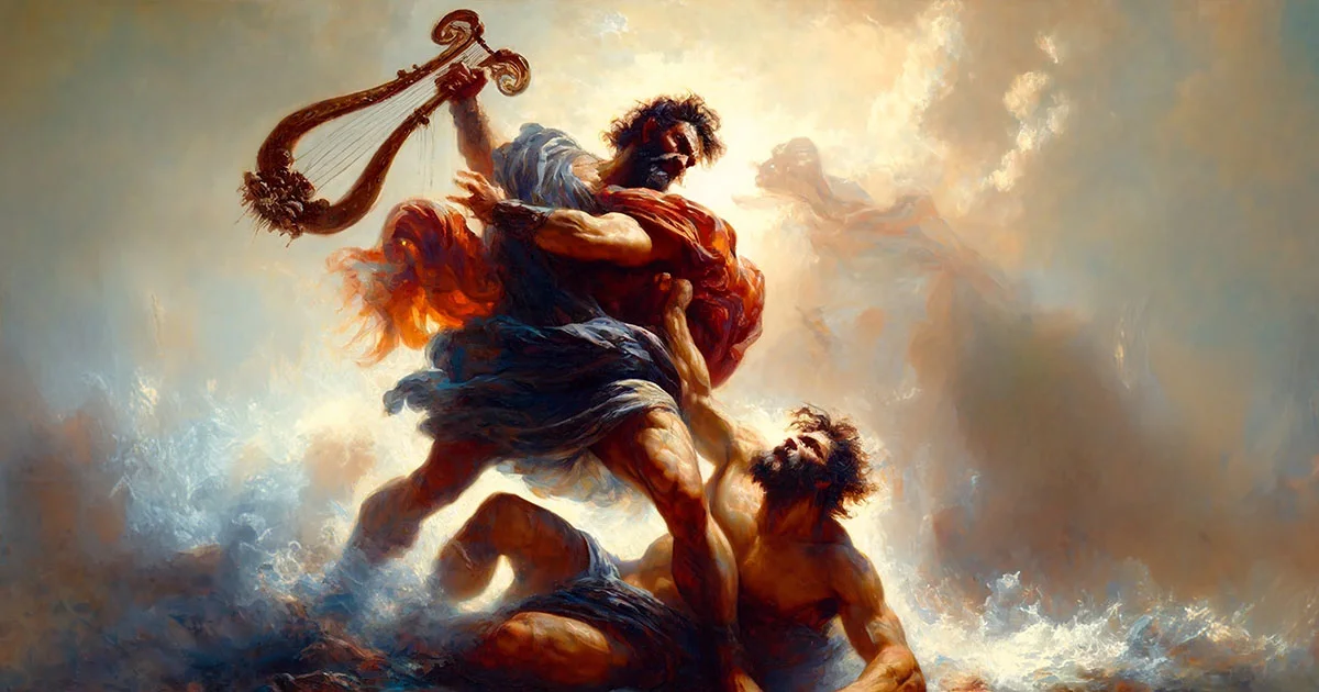 Illustration of Heracles attacking Linus