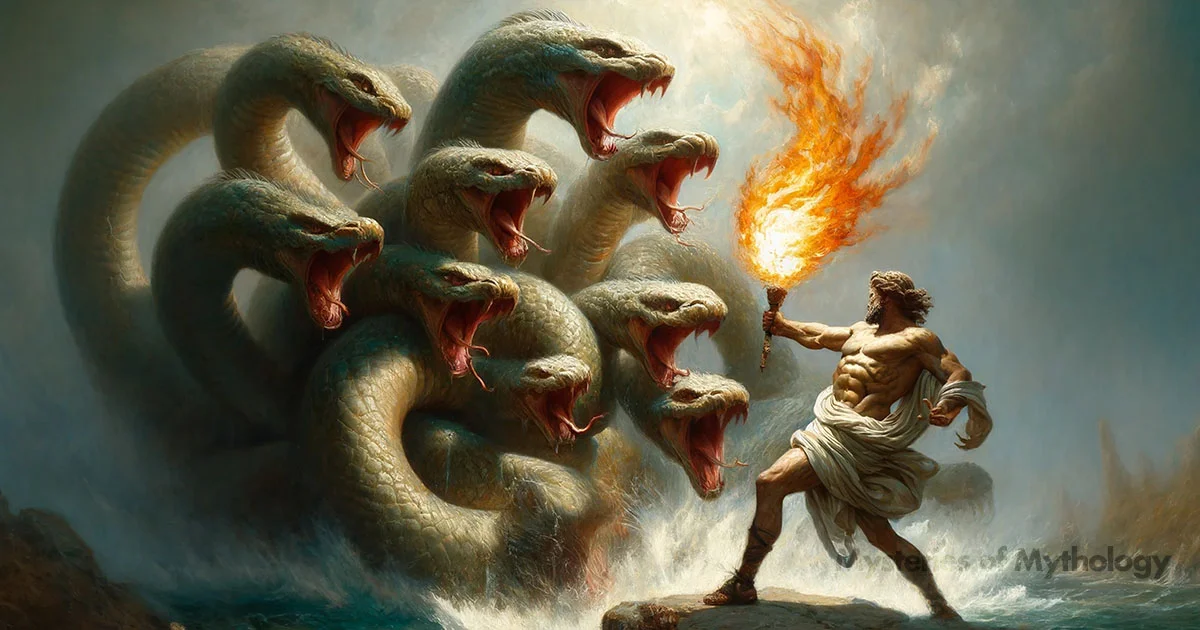 Illustration of Heracles fighting the Lernaean Hydra