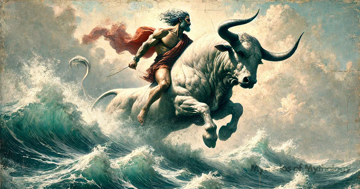 Illustration of Heracles rideing the Cretan Bull