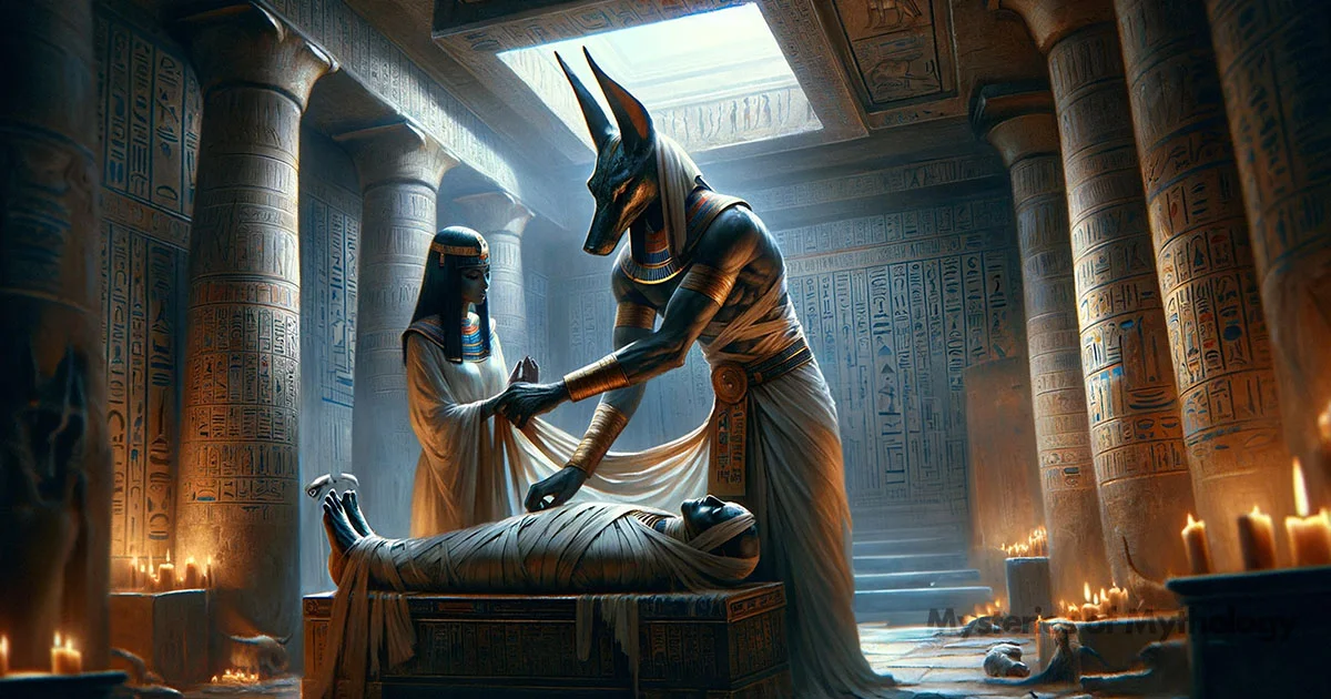 Illustration of Anubis mummifying Osiris