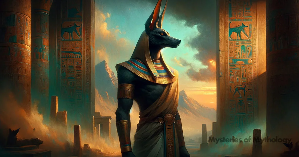 Illustration of Anubis standing in a temple