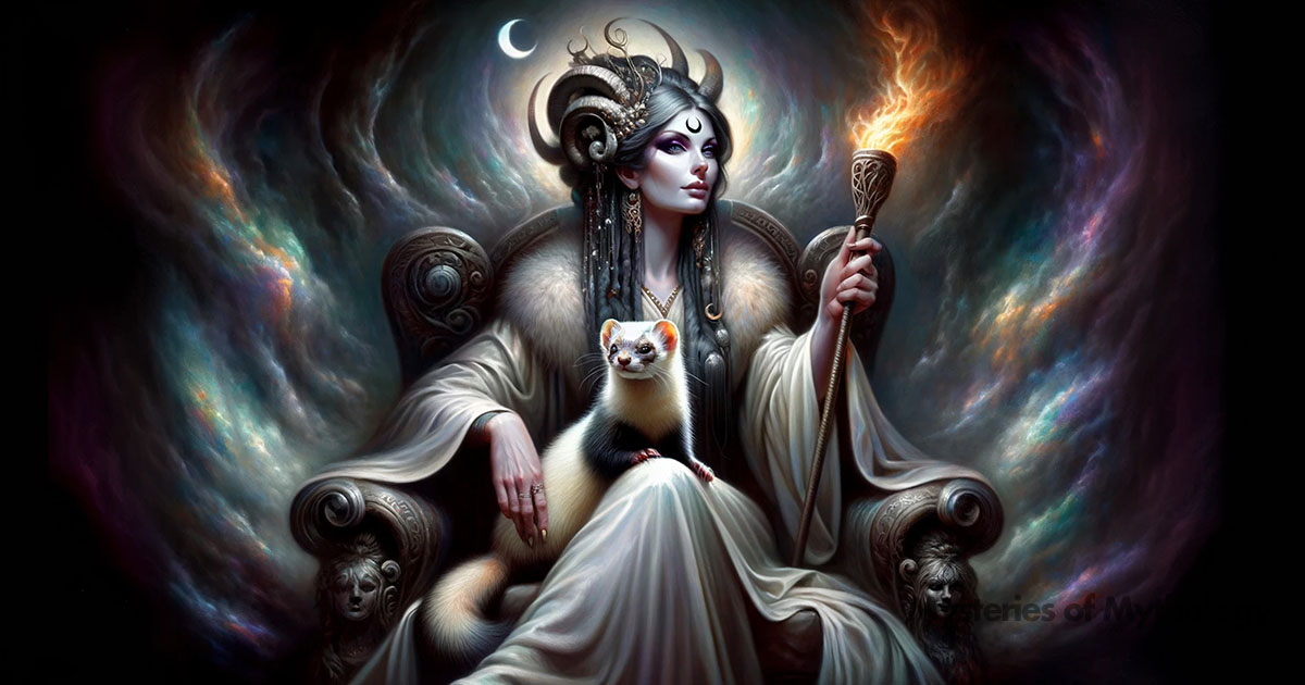 Illustration of Hecate with a Polecat on her lap