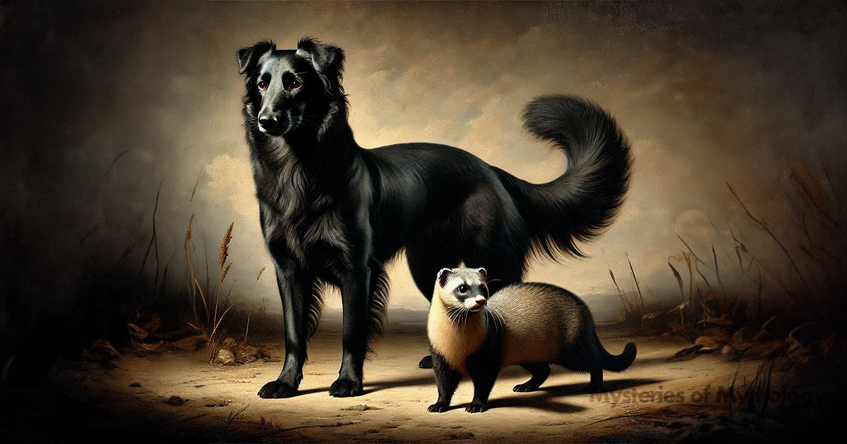 Illustration of Hecate's sacred animals include the black she-dog (Hekabe) and the polecat