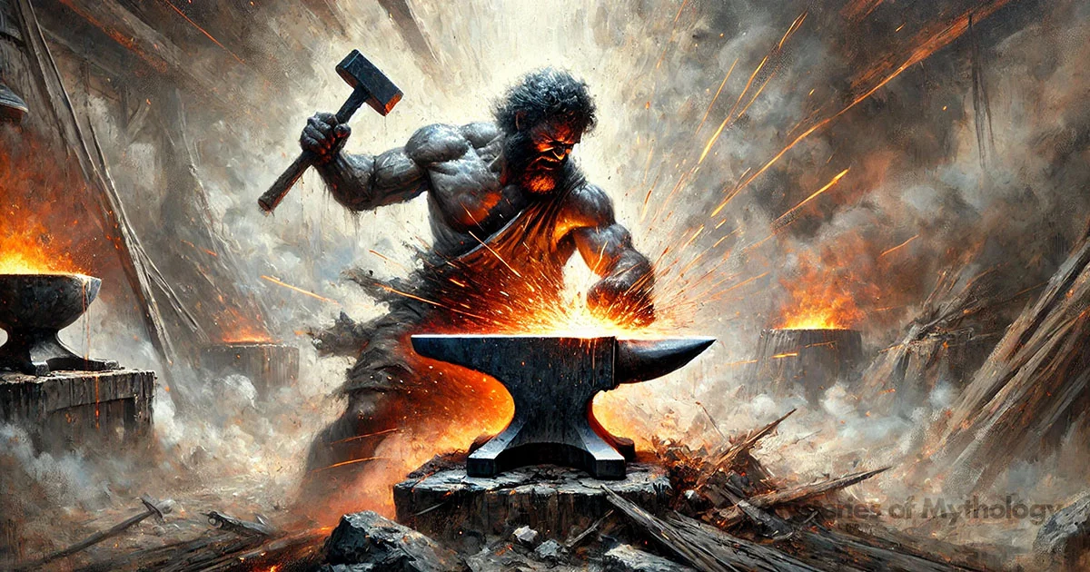 Illustration of Hephaestus working in a forge