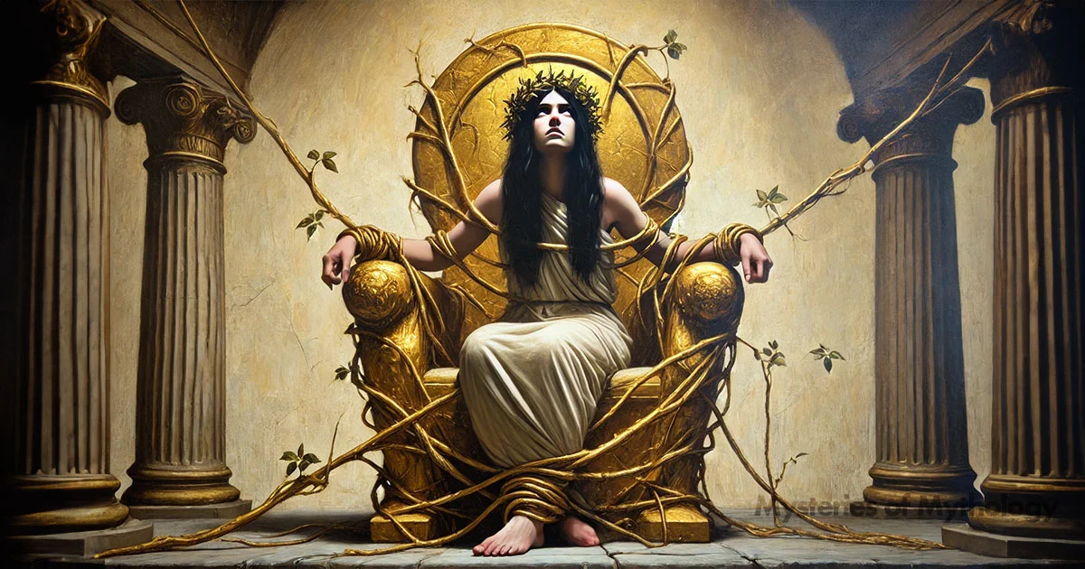 Illustration of Hera trapped on the golden throne