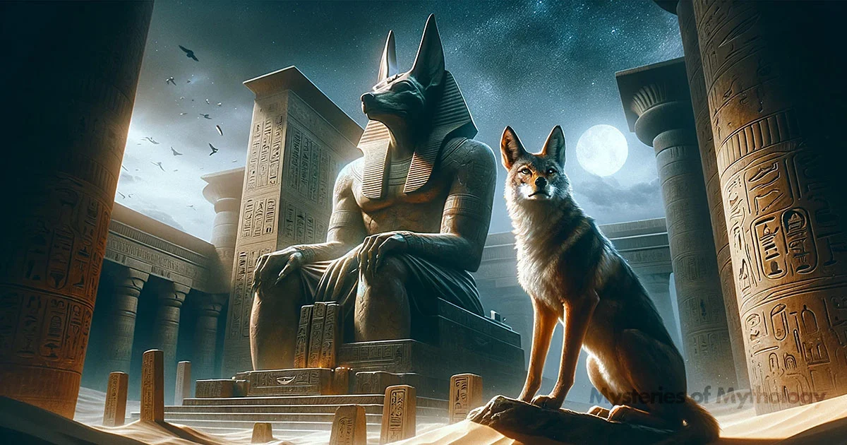 Illustration of a statue of Anubis and a jackal