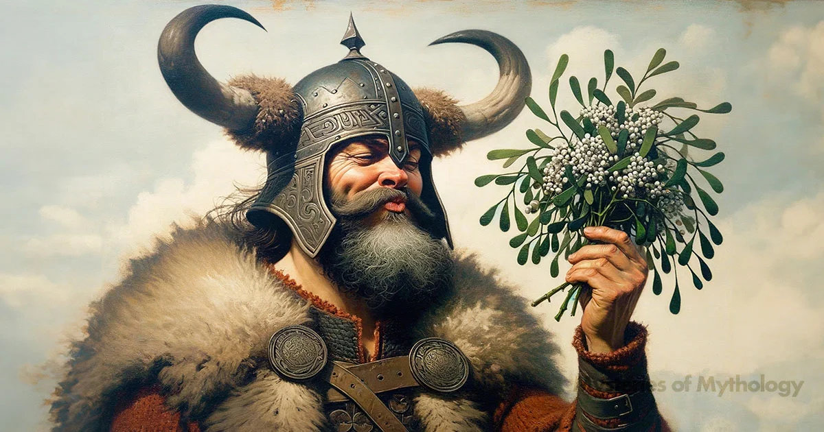 Illustration of Loki holding mistletoe, the one weakness of Baldur.