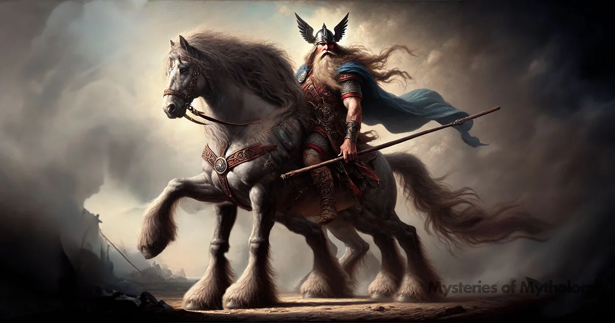 An illustration of when Odin rode Sleipnir to Hel to preven Baldur's demise.