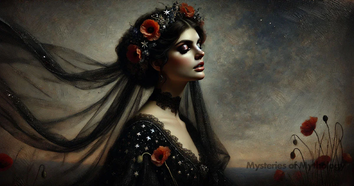 Illustration of Nyx goddess of night wearing a black robe studded with stars