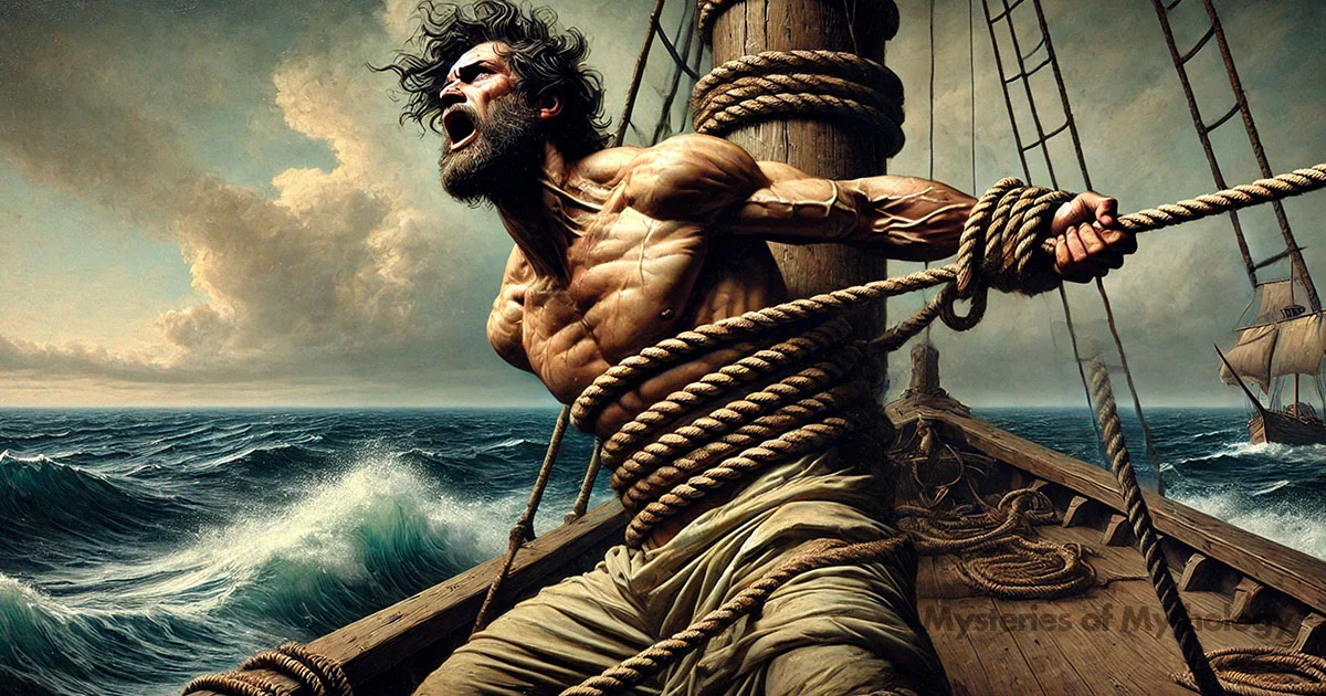 Odysseus tied to the mast to avoid the lure of the sirens