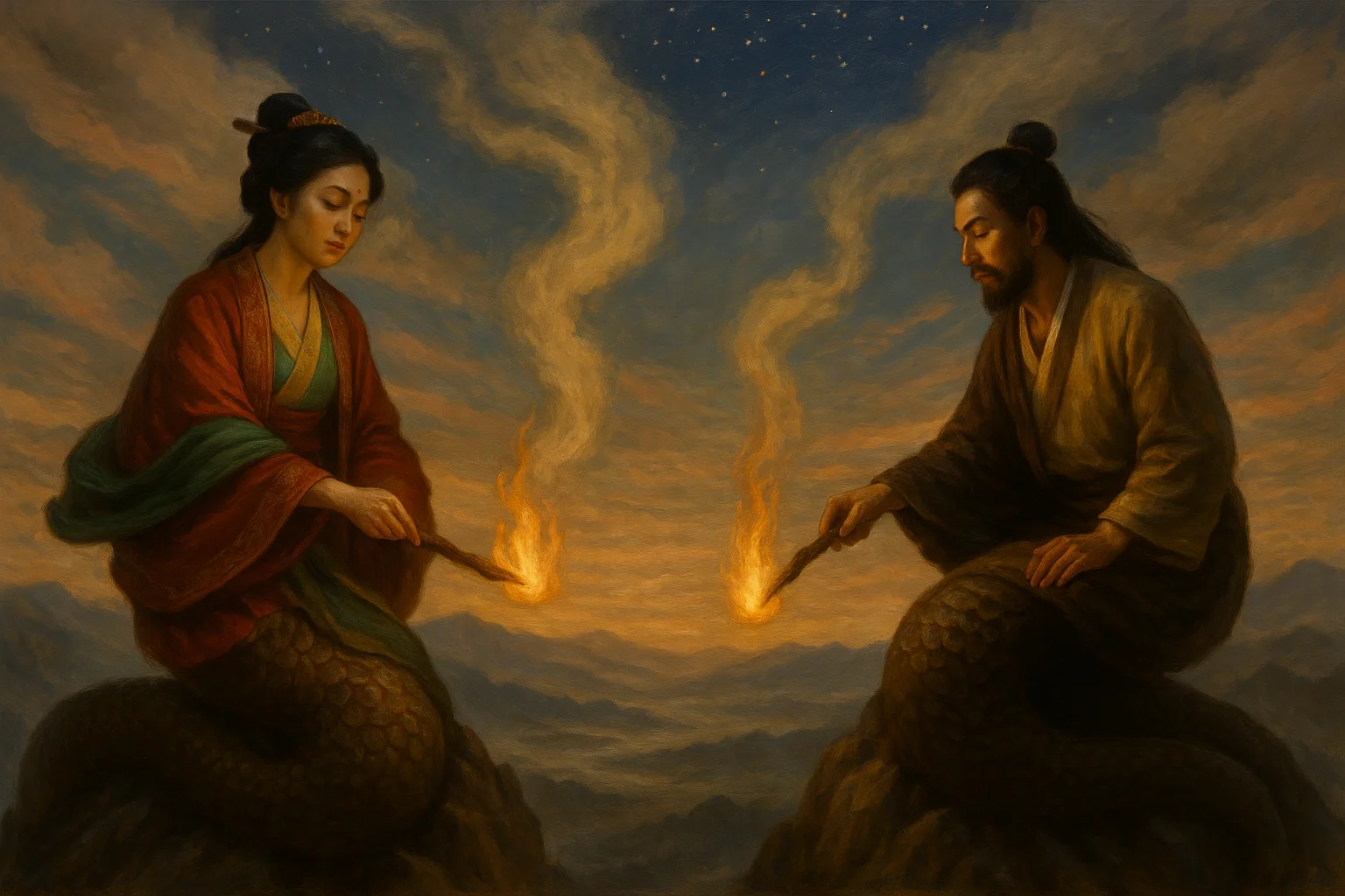 Nüwa and Fuxi lighting fires on separate mountain peaks as their smoke swirls together in the sky.
