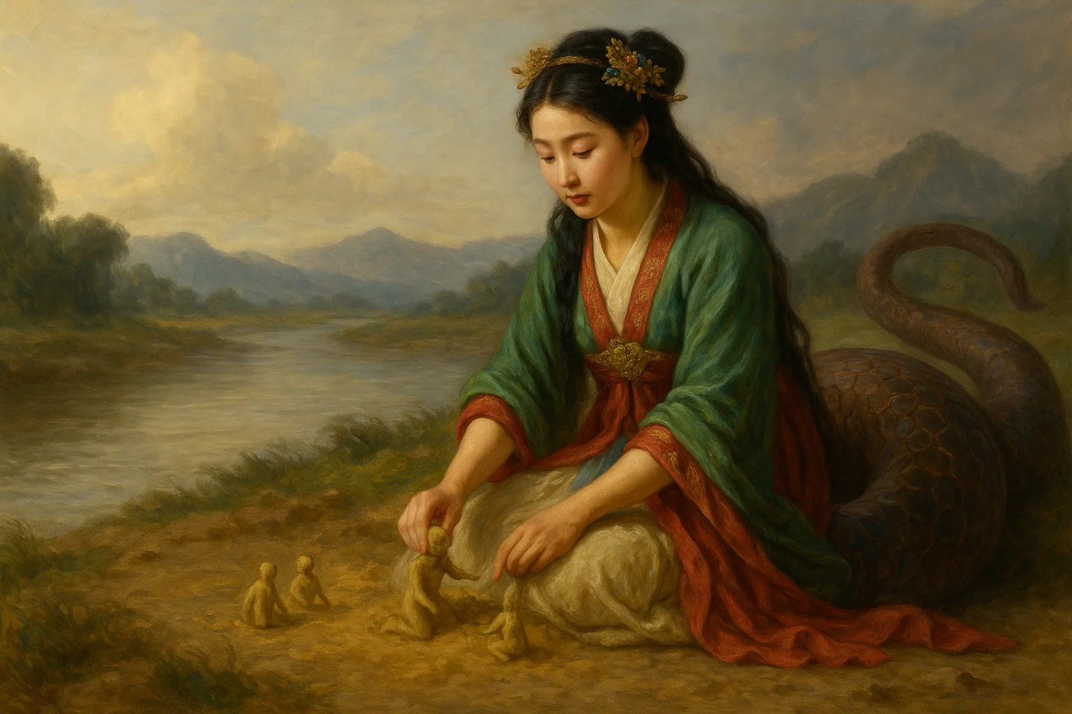 Nüwa forming humans from yellow clay by a river, her serpent tail coiled beside her.