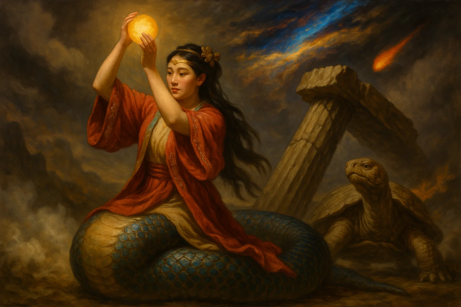 Nüwa repairing the cracked sky using five coloured stones, her tail coiled beneath her as a giant turtle’s legs replace broken pillars.