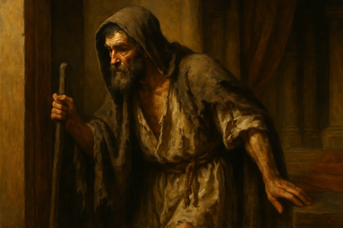 Odysseus, disguised as a beggar, enters his own home unseen — one of many masks he wore throughout The Odyssey
