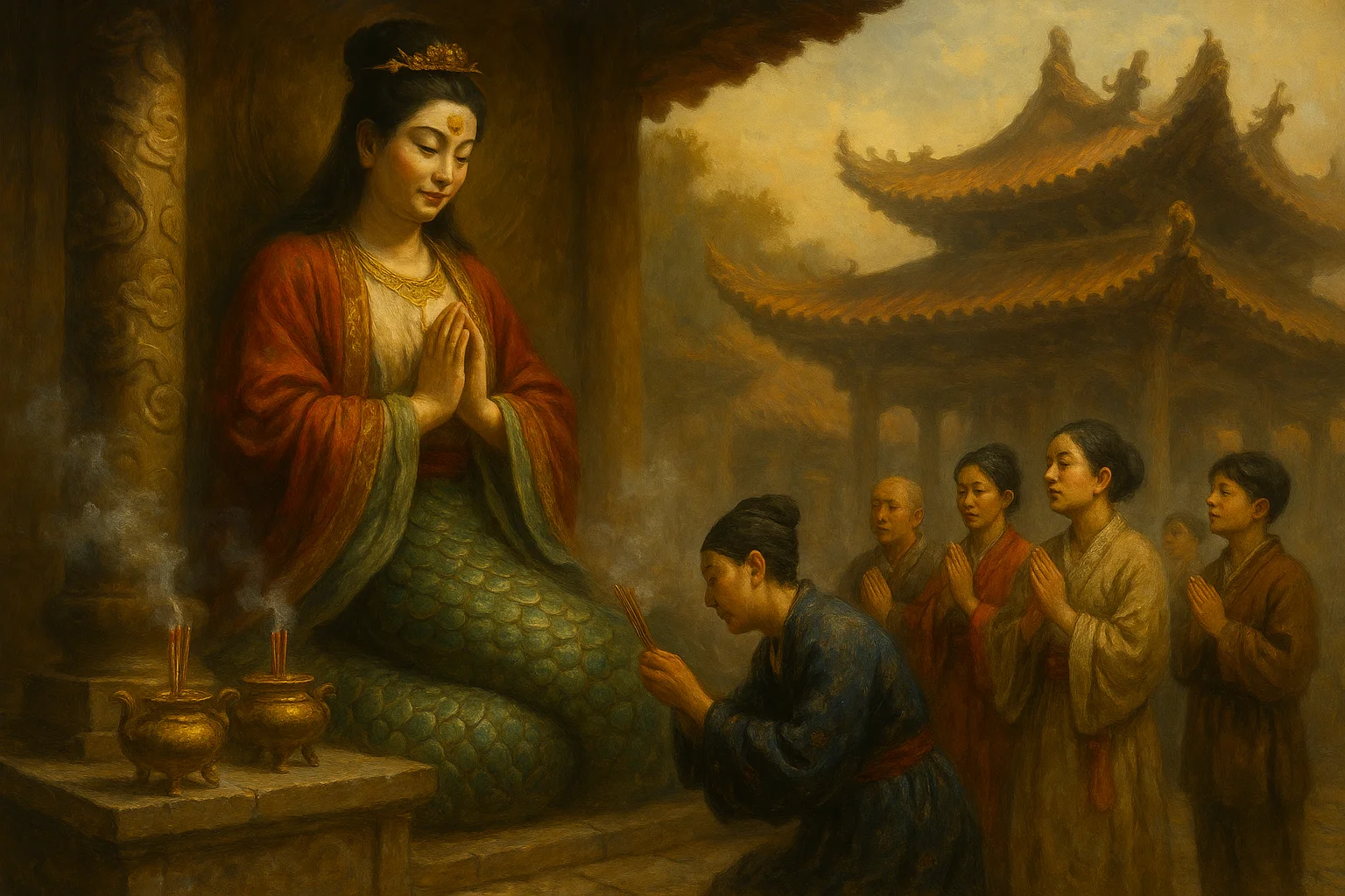 The Nüwa Palace at Phoenix Mountain in Hebei, with worshippers making offerings in a serene natural setting.